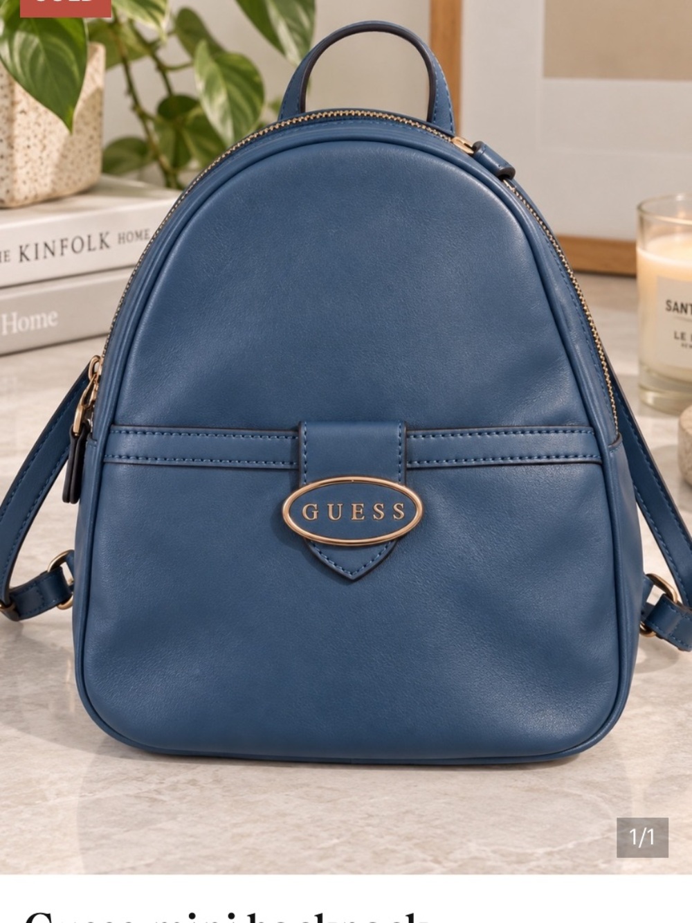 GUESS Blue Mini faux Leather Backpack with Gold Logo